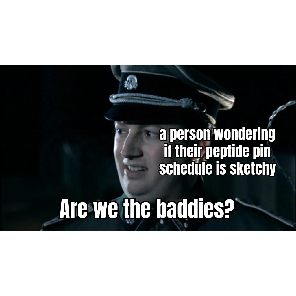Are We The Baddies? — A subject pauses mid-reconstitution to consider whether a twice-daily pin schedule sourced from a Discord PDF might, in fact, be the villain arc.