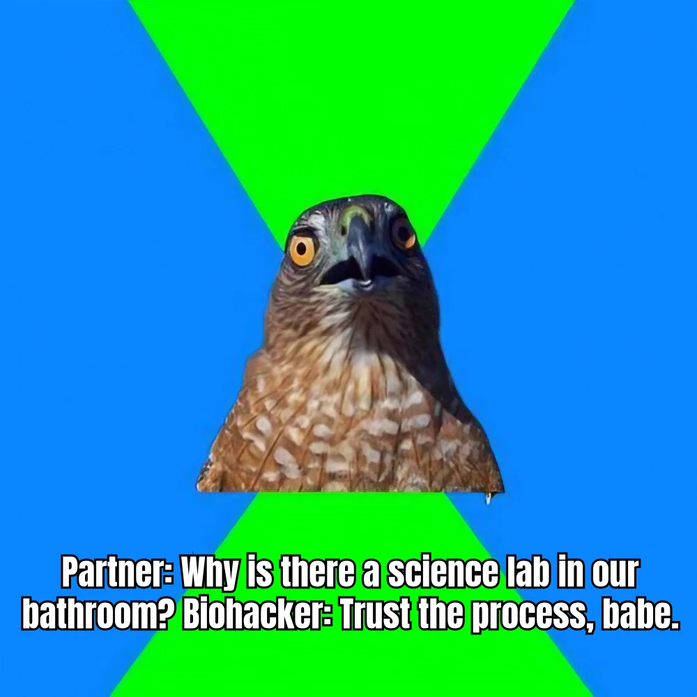 Bathroom Mini-Fridge Disclosure Event — Partner discovers the vial rack next to the floss. Biohacker invokes the sacred phrase.