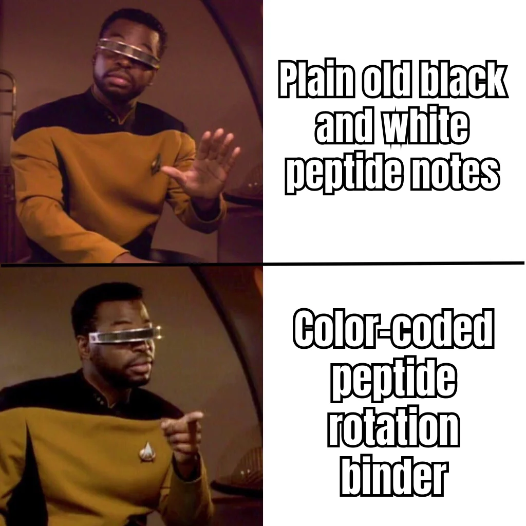 Color-Coded Rotation Binder — When the spreadsheet evolves into a tabbed three-ring binder with highlighter zones for AM/PM injections.