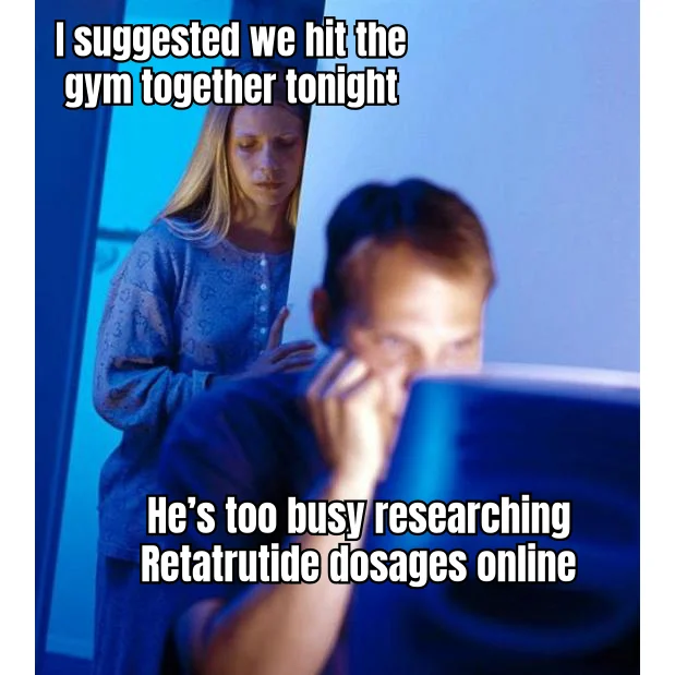 Date Night, Interrupted by Triple Agonism — He swore he'd lift with her tonight, but the forum thread on triple-agonist titration schedules had other plans.