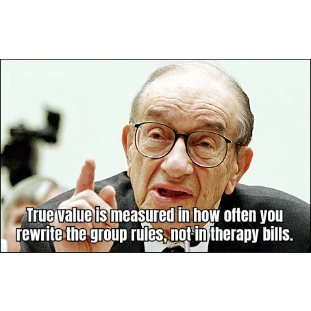 Discord Mod Outranks Your Therapist — Alan Greenspan explains that rewriting the pinned stack protocol is a superior mental health intervention to actual therapy.