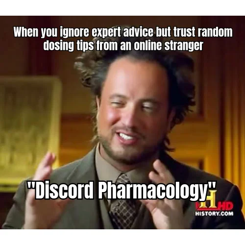 Discord Pharmacology — Cardiologist ignored, anon's 3am dosing protocol screenshotted and saved to Notes app under 'RESEARCH.'