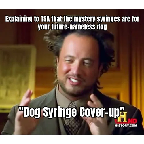 Dog Syringe Cover-up — He hasn't named the dog. He hasn't bought the dog. But the reconstituted vial in his Dopp kit is definitely, legally, for the dog.