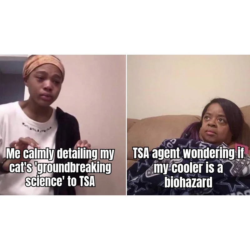 Feline Research Protocol, TSA Checkpoint C — The moment your 'for research purposes only' disclaimer meets a federal employee with a swab kit and no patience for peptide lore.