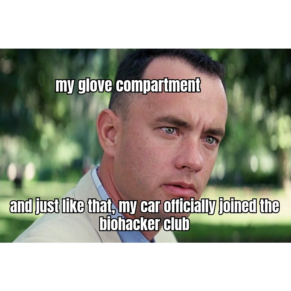 Glove Compartment Inducts Vehicle Into Biohacker Club — Routine registration check reveals one BPC-157 vial and a bent insulin pin; subject's Civic is now a Schedule IV longevity clinic.