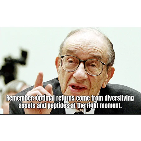 Greenspan's Portfolio Theory of Peptide Stacking — Former Fed Chair confirms that risk-adjusted longevity returns require both a 60/40 split and a healing protocol queued in the fridge.