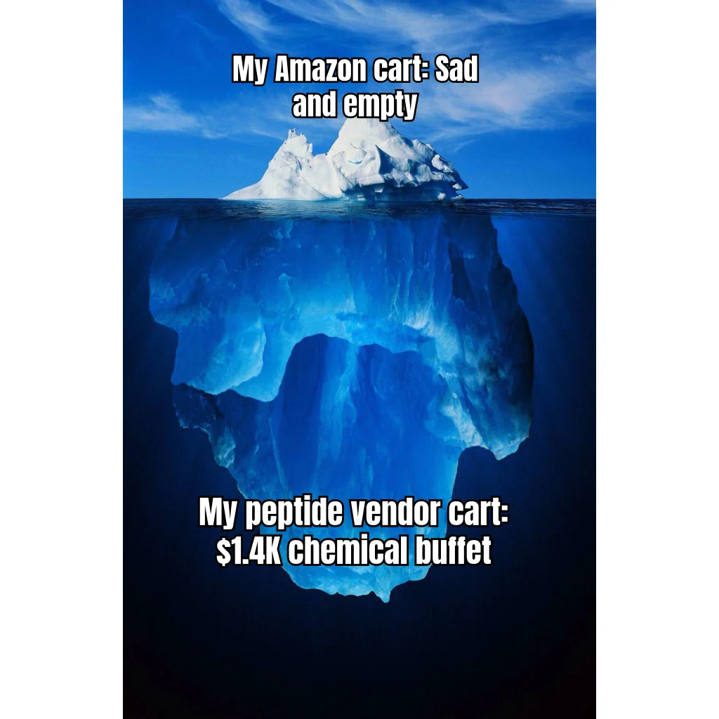 Iceberg Economics of the Reconstitution Pilled — Amazon cart abandoned for six months; peptide vendor cart contains eight vials, three solvents, and expedited shipping selected without hesitation.