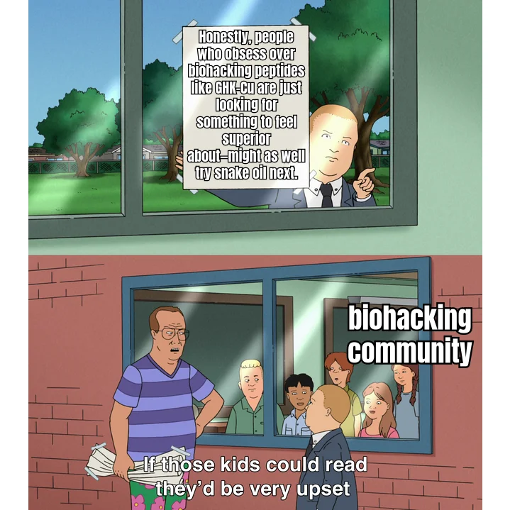 If Those Kids Could Read They'd Be Very Upset — A barbershop skeptic dismisses GHK-Cu as snake oil, unaware the biohacking community behind him has been microdosing copper peptides since 2019.