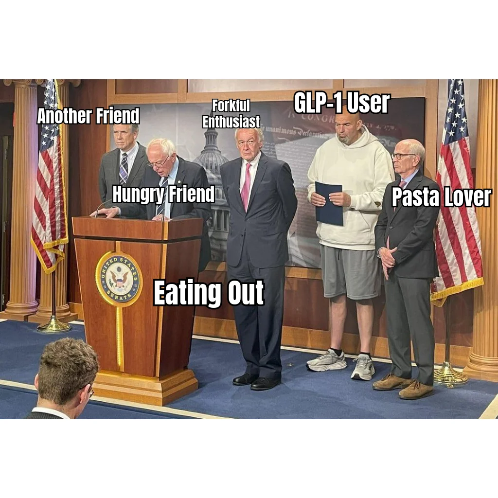 Indifference at the Pasta Table — The GLP-1 user stands at dinner like a stranger at their own press conference, flanked by friends who still feel hunger.