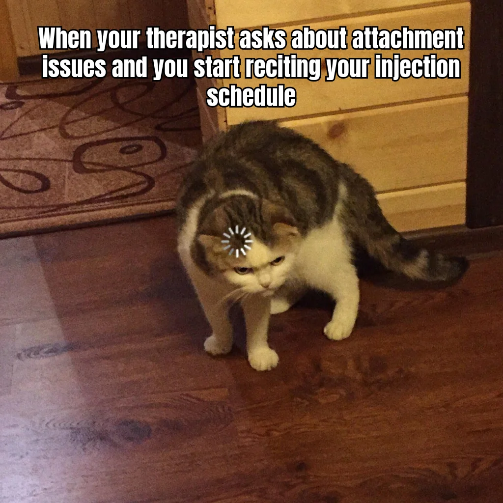Intramuscular Attachment Style — Therapy session pivots from childhood to a recitation of subcutaneous rotation sites, dosed twice weekly, with a printed spreadsheet for context.