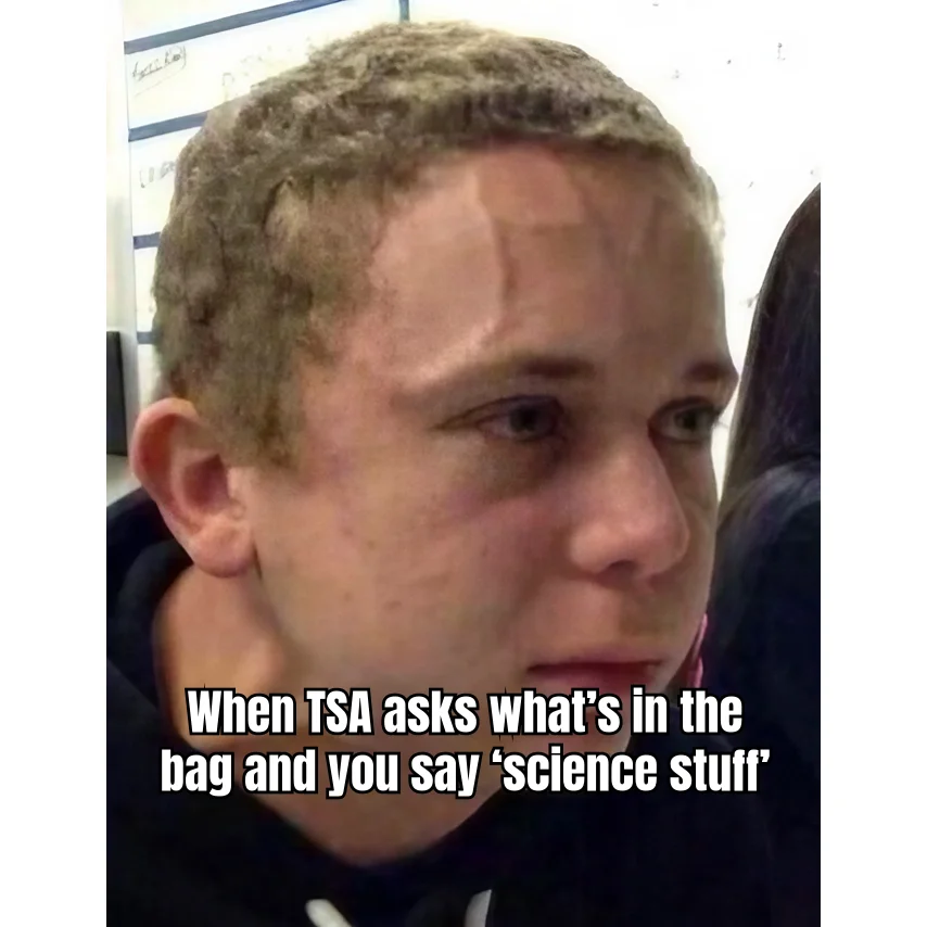 Just Medication, Officer — Subject attempts to explain a cooler of reconstituted vials as 'science stuff' while sweating through fluorescent airport lighting.