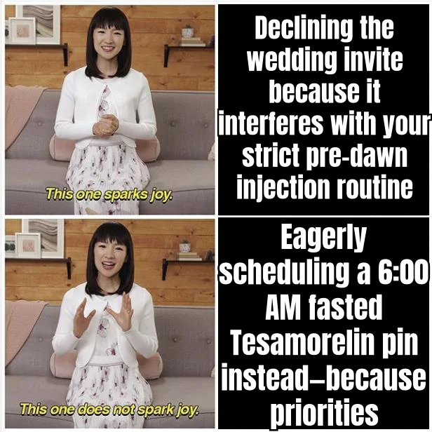 Marie Kondo Reviews Your Injection Calendar — When the 6:00 AM fasted pin sparks more joy than your cousin's wedding, the stack has officially become the social life.