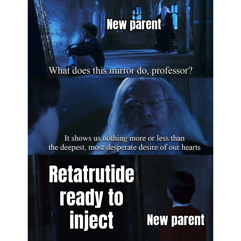Mirror of Retatrutide — The Mirror of Erised shows every new parent the same thing: a thawed vial, drawn up, bevel-up, ready to go.