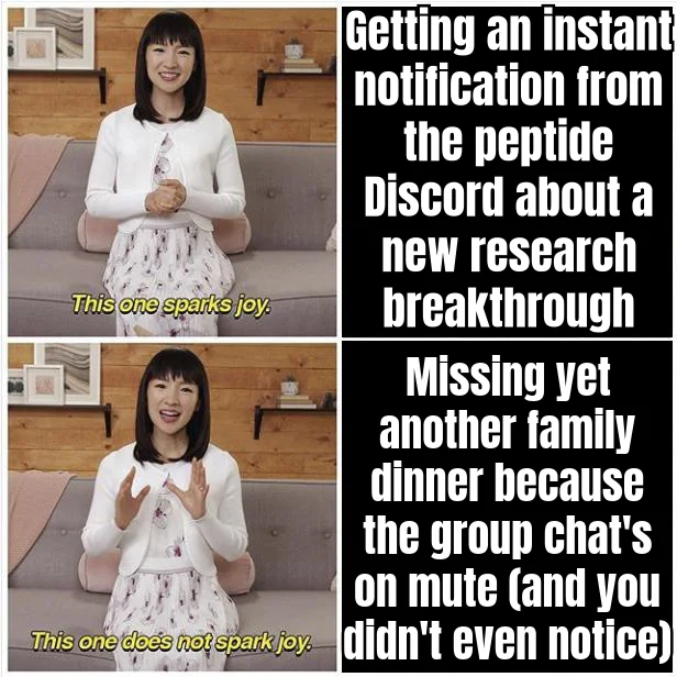 Notifications, Reallocated — The peptide Discord has been granted Do Not Disturb override privileges. Mom has not.