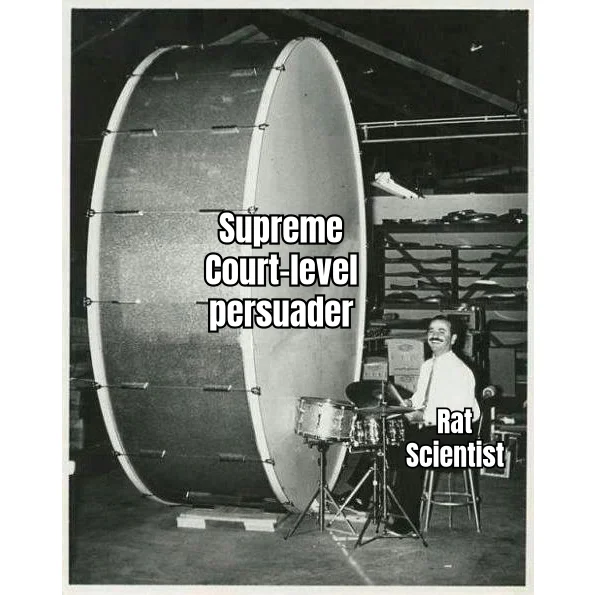 Oral Arguments, n=12 — Man cites a 12-rat pilot study to his skeptical wife with the solemn cadence of Supreme Court oral argument.