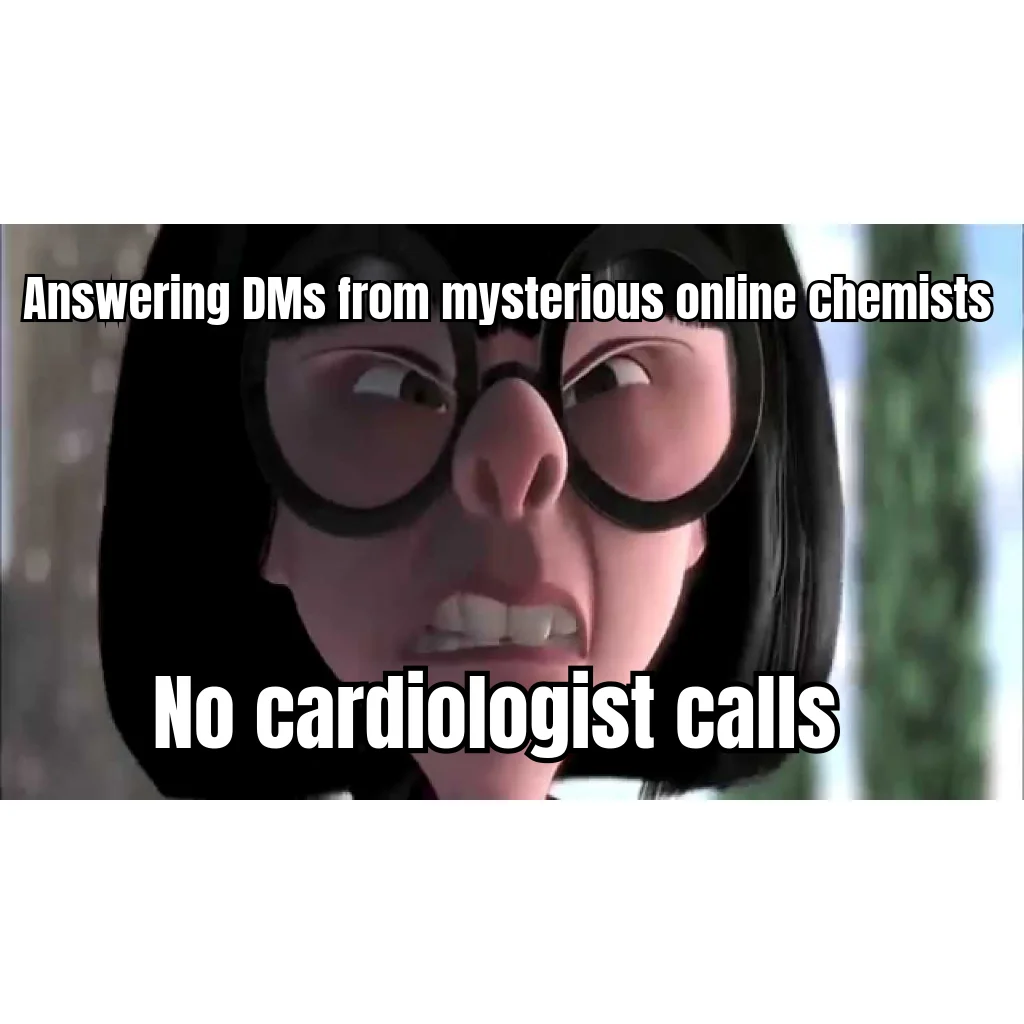 Peptide_Chemist_RU Has Entered The Chat — The cardiologist leaves a voicemail. The Telegram handle with no profile picture gets a same-day reply.