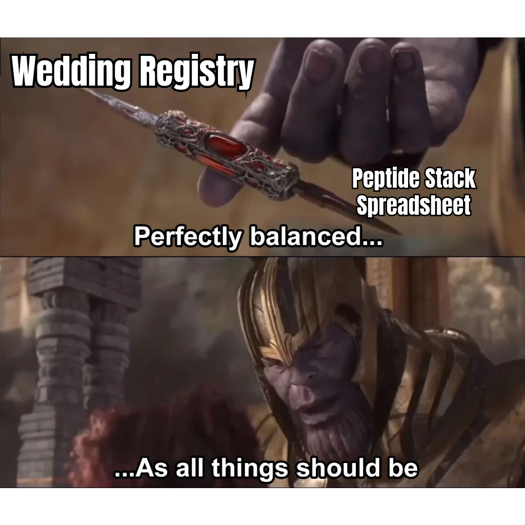 Perfectly Balanced, As All Stacks Should Be — The 12-month commitment to a spouse and the 12-month commitment to a color-coded injection schedule are, clinically speaking, indistinguishable.