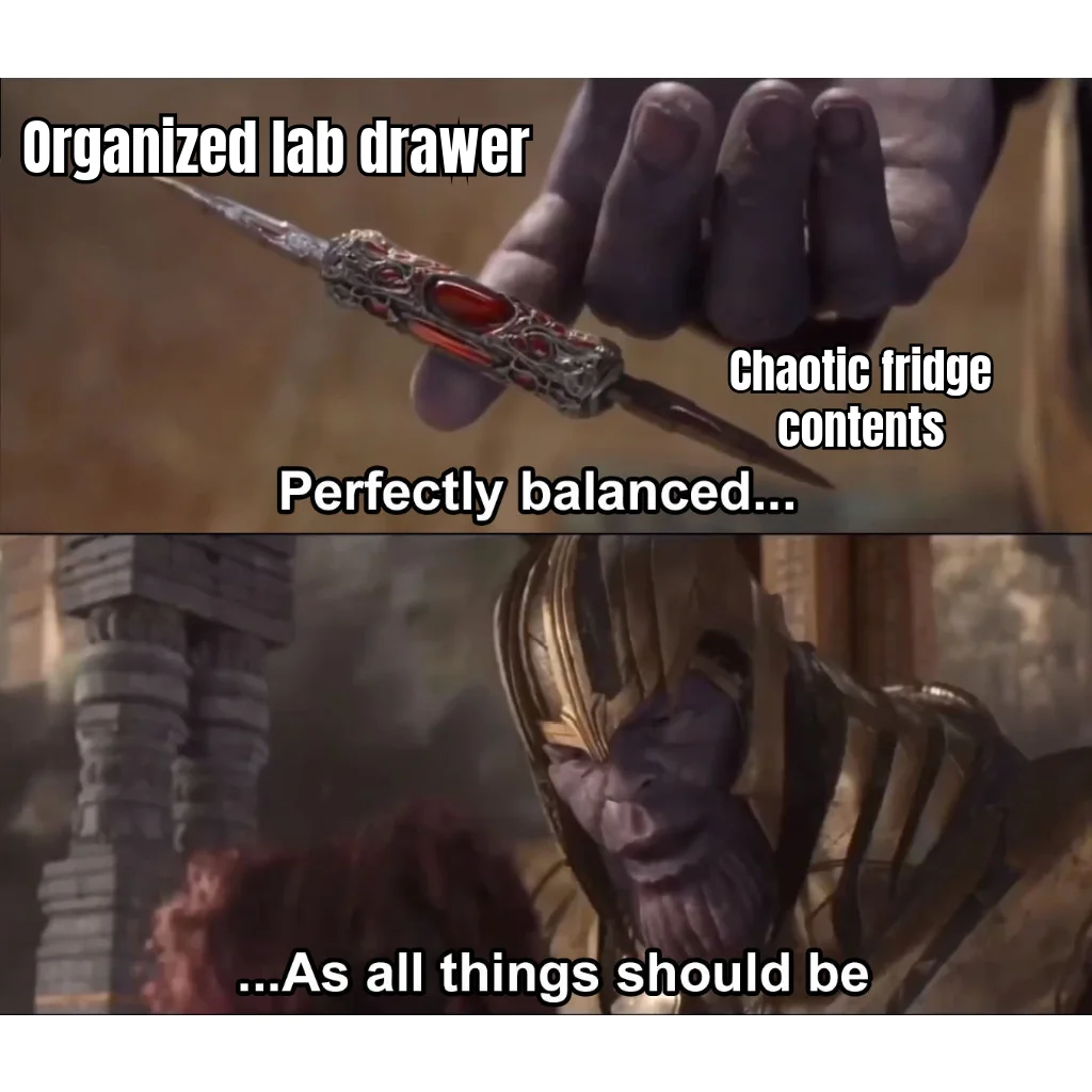 Perfectly Balanced Reconstitution Drawer — The vials are alphabetized by half-life. The fridge contains one expired yogurt and a lime. As all things should be.