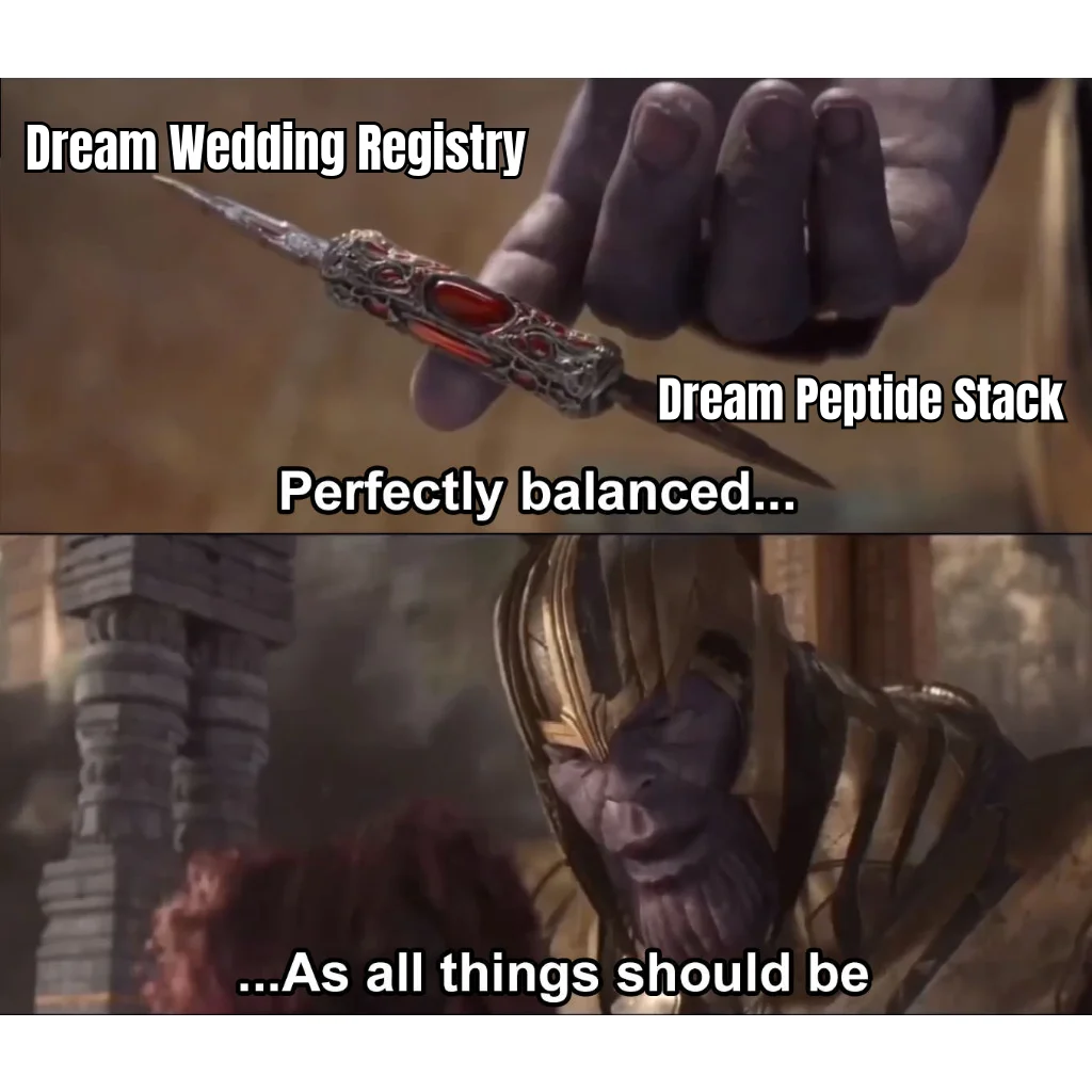 Perfectly Balanced Registry — The wedding registry has one KitchenAid. The peptide registry has a mini-fridge and a nine-gauge sharps bin. Both are correct.