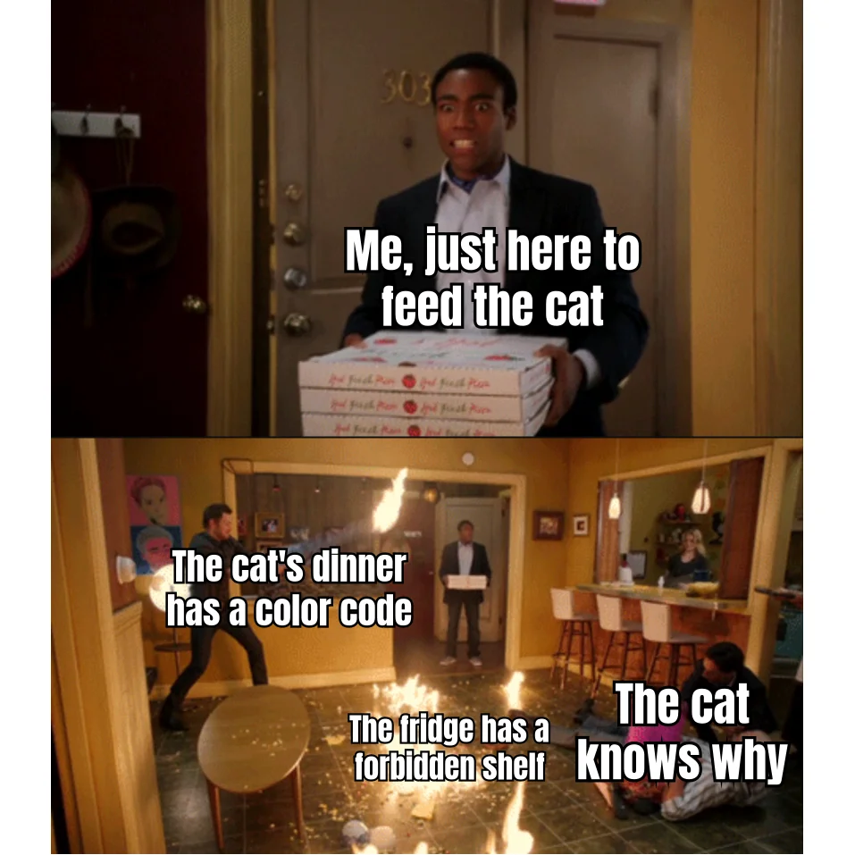 Pet Sitter Discovers The Protocol — Friend said 'just feed the cat.' Friend did not mention the laminated chart, the subcutaneous schedule, or the shelf marked DO NOT TOUCH.
