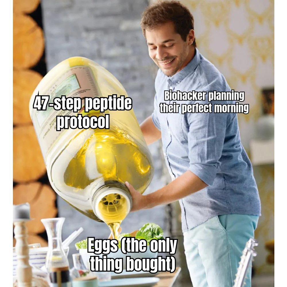 Protocol Exceeds Groceries — The 47-step morning stack is fully mapped in Notion; the fridge contains eggs and a vial of something that expired in Q2.
