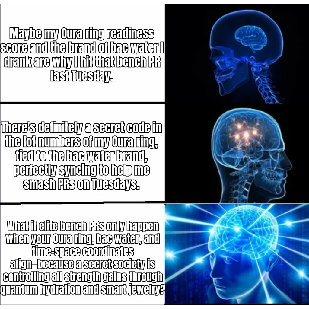 Quantum Hydration Bench PR Theory — The galaxy brain progression from 'maybe it was the bac water' to 'a shadow cabal of jewelers controls my bench via lot number cryptography.'