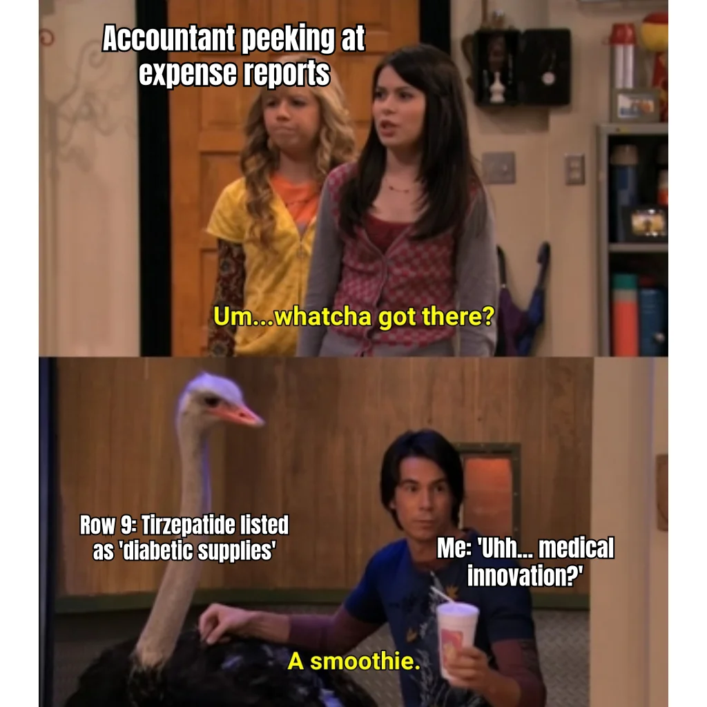 Row 9: Diabetic Supplies — HSA receipt audit reveals compounded tirzepatide gently rebranded as 'diabetic supplies'; accountant highlights in yellow, says nothing.
