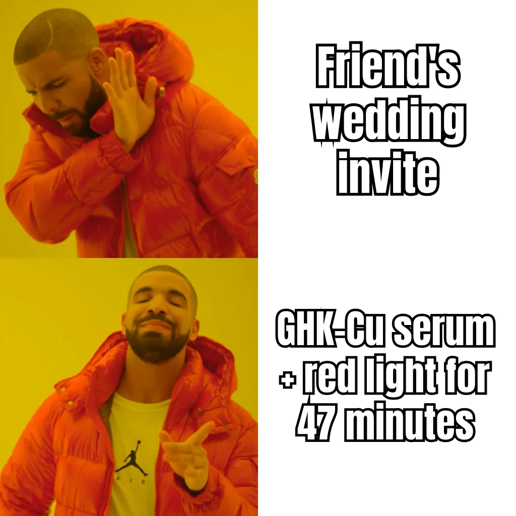 RSVP: Regrets, Routine Conflict — Subject declined a wedding to complete a 47-minute copper peptide and red light protocol.