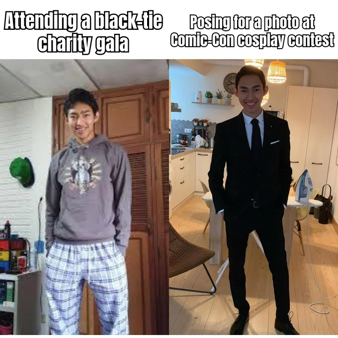 Same Suit, Different Bioavailability — The Tirzepatide before/after where 'before' is a slouched gremlin in plaid pajamas and 'after' is a man cosplaying as someone who eats breakfast.