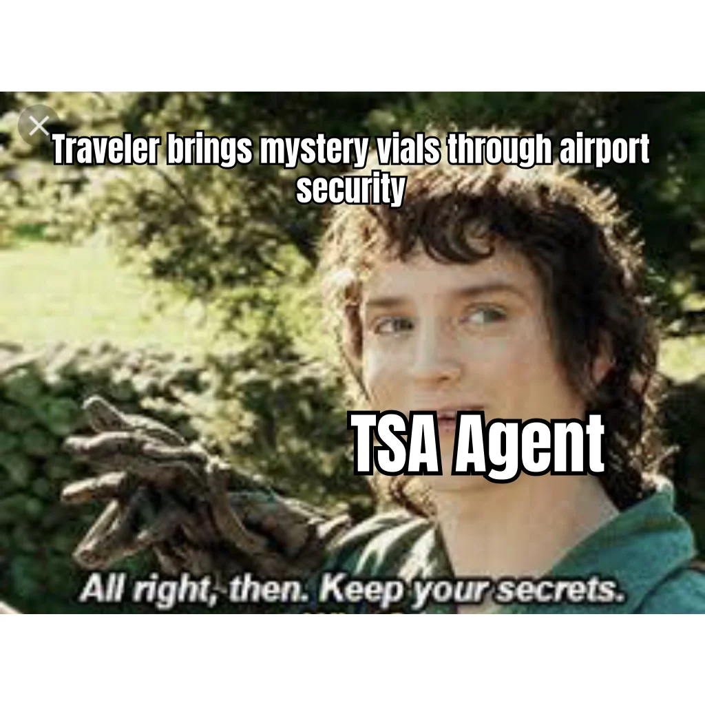 Schedule Frodo: Carry-On Reconstitution — TSA waves through a cooler of unlabeled vials because explaining subcutaneous research peptides at 5am is a problem for everyone involved.