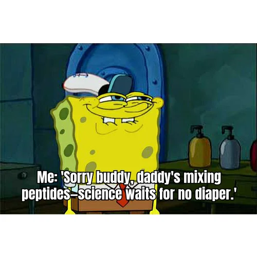 Science Waits For No Diaper — A father defers childcare to preserve the structural integrity of a freshly reconstituted vial.