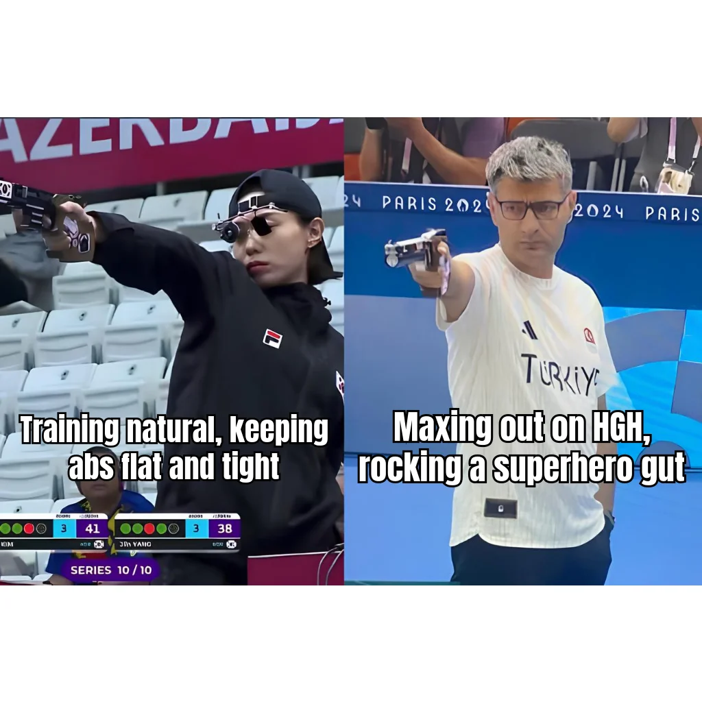 Somatotropic Visceral Adaptation — Natty shooter keeps abs tight while the HGH-enhanced competitor proudly displays his distended growth-hormone gut.