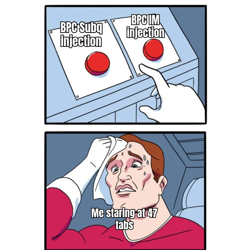 Subq or IM: The 47-Tab Dilemma — A grown man sweats through a color-coded spreadsheet trying to decide which side of his own body to stab today.