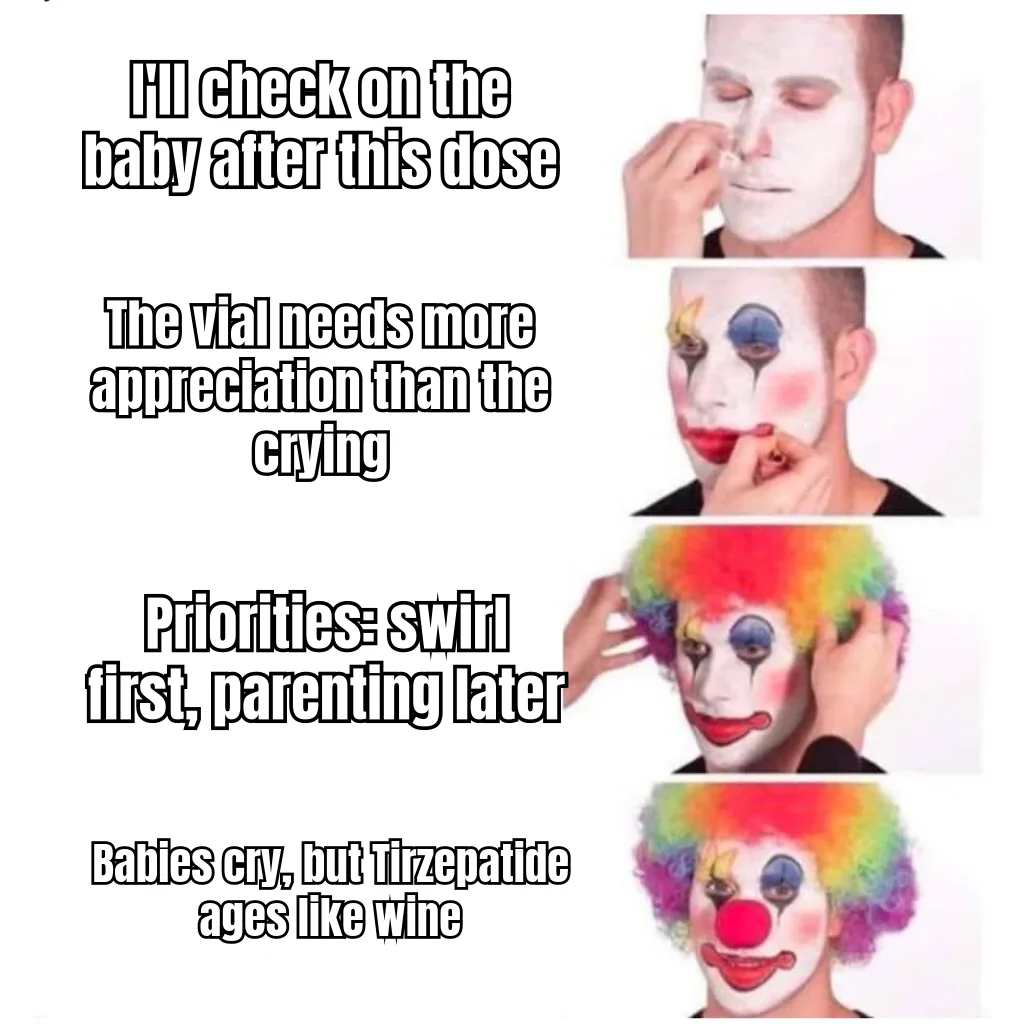 Swirl First, Parent Later — A father progressively clown-paints himself as he rationalizes swirling his vial while the baby screams in the next room.