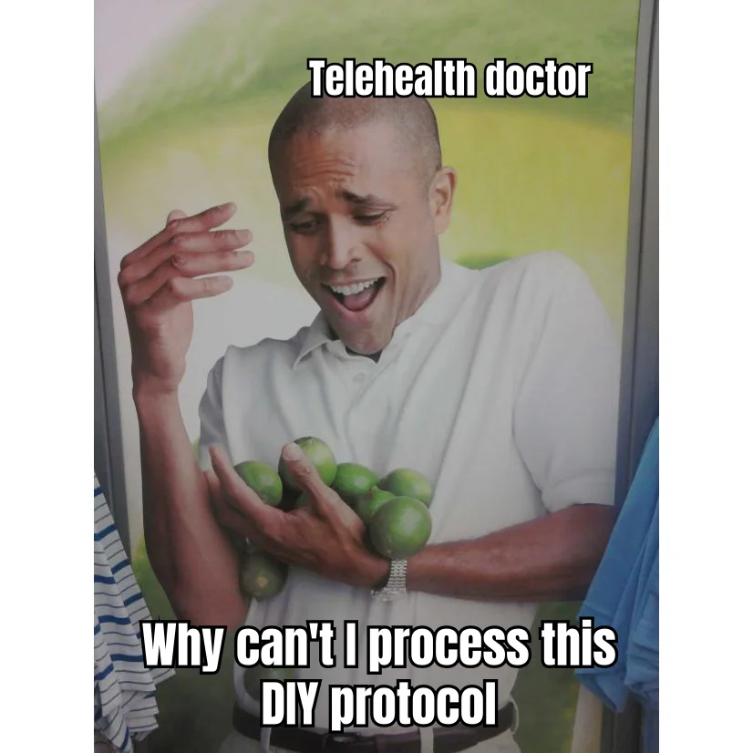 Telehealth Doctor Buffers At Six-Compound Stack — Patient calmly recites a self-designed protocol; the $79/month telehealth doctor's face freezes mid-frame.