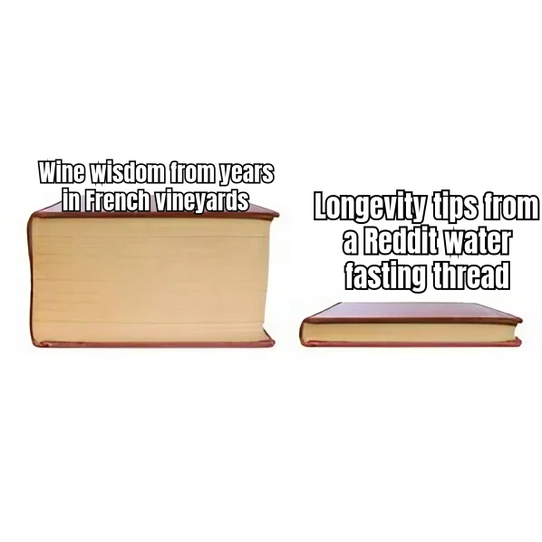 Terroir of the Timeline — The sommelier trained twenty years in Burgundy; the biohacker trained forty minutes in r/fasting. Both swirl with equal certainty.