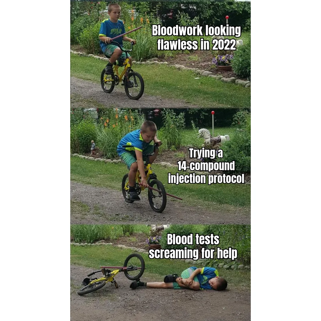 The 14-Compound Bloodwork Faceplant — Guy who used to have pristine labs decides to stack everything in the Discord pinned message at once.