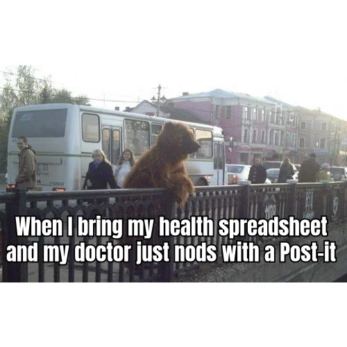 The 14-Tab Spreadsheet vs. The Post-it — Patient arrives with pivot tables, HRV trends, and injection logs. Physician writes 'eat less, sleep more' on adhesive paper.