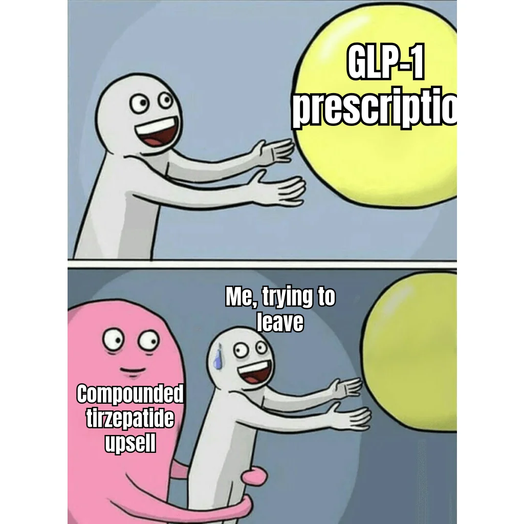 The Compounded Upsell — You came in for a clean GLP-1 script and the clinic's pink tentacle is already pitching you a vial stack.