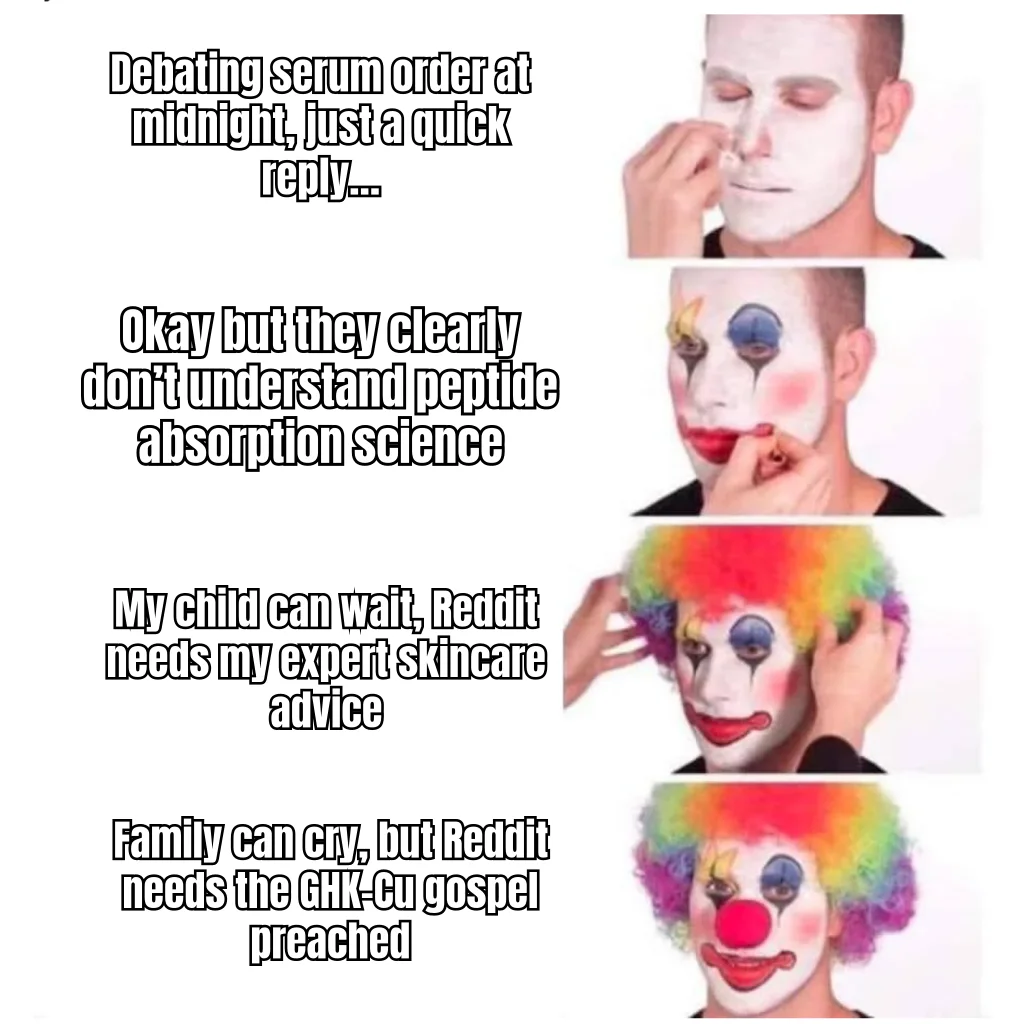 The GHK-Cu Gospel Must Be Preached — A father progressively transforms into a clown while defending his copper peptide layering protocol to strangers as his toddler weeps in the background.