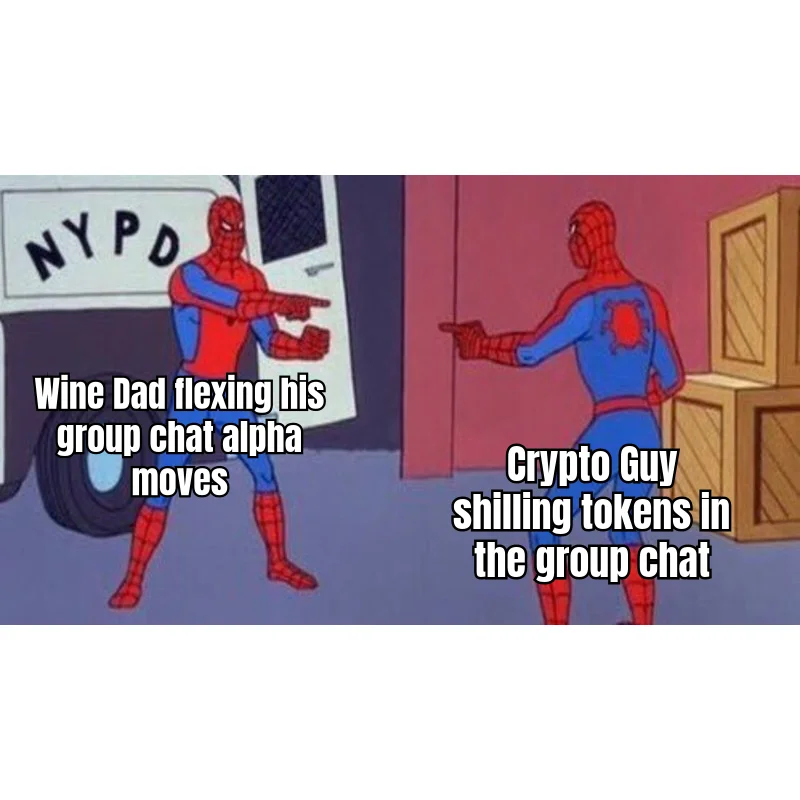 The Group Chat Is The Venn Center — Wine Dad and Crypto Guy point at each other, unaware the Peptide Bro is drafting a 400-word dose log in the same thread.