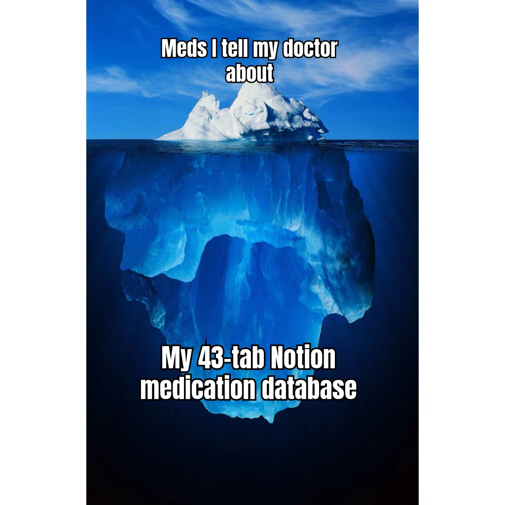 The Notion Database My PCP Will Never See — Above the waterline: lisinopril. Below: 43 tabs of injection logs, half-lives, reconstitution math, and a color-coded cycle calendar.