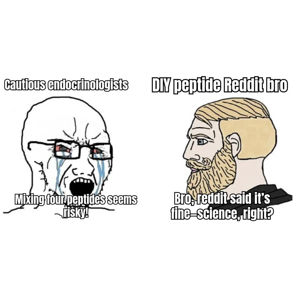 The Quad-Stack Pin — Endocrinologists hesitate; a bearded redditor combines four peptides in one syringe because someone with a username said it was fine.