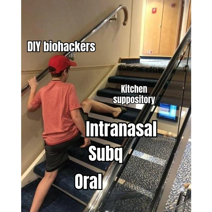 The Route-of-Administration Ladder — Every DIY biohacker eventually climbs past subq, past intranasal, and ends up freebasing a kitchen-compounded suppository on a Tuesday.