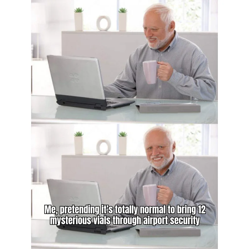 TSA Declaration: Skincare — Hide-the-pain Harold rehearses the word 'skincare' while a Yeti cooler of amber vials rides the x-ray belt at 5 a.m.