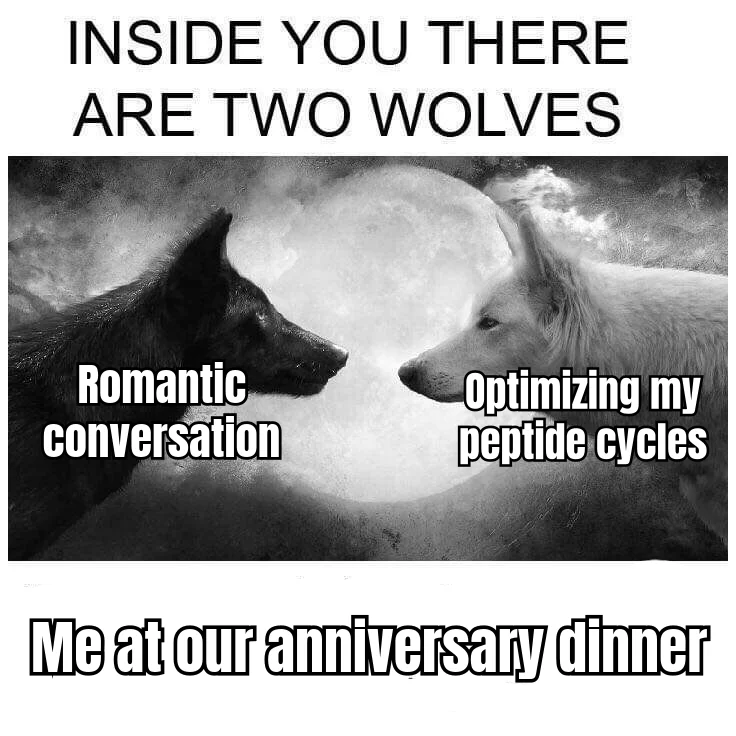 Two Wolves: Anniversary Edition — She asked what he was thinking about. He was mentally rotating next week's Ipamorelin pulse schedule.