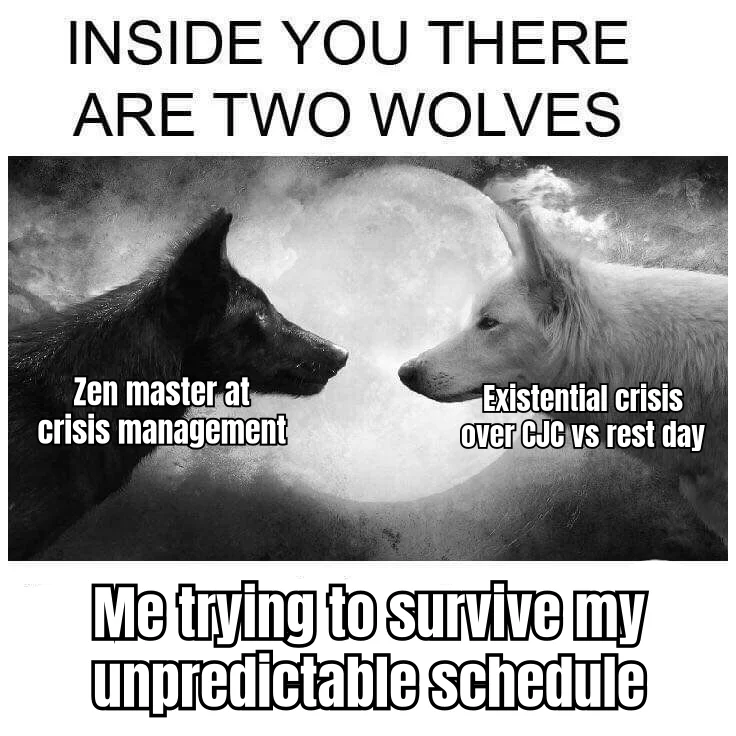Two Wolves: CJC Day Edition — One wolf can defuse a bomb. The other wolf cannot determine whether today is a pulse day or a rest day.