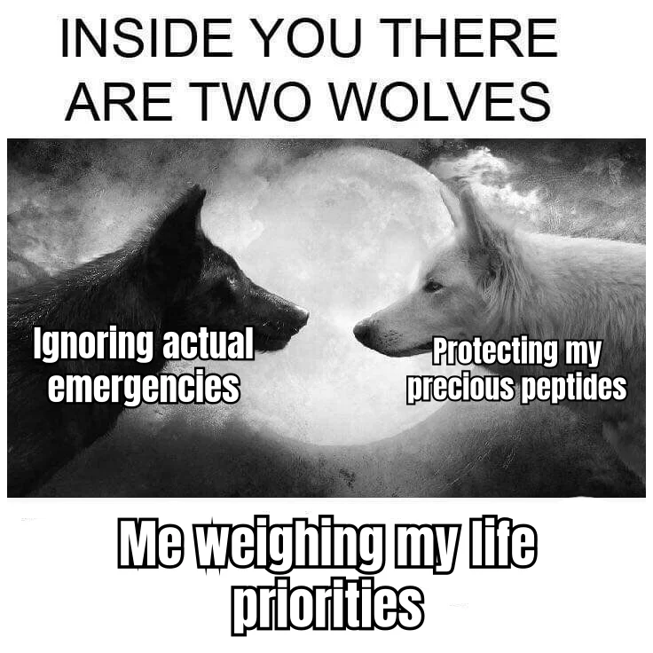 Two Wolves, One Mini-Fridge — The smoke alarm can wait; the reconstituted vial cannot survive room temp for ninety seconds.