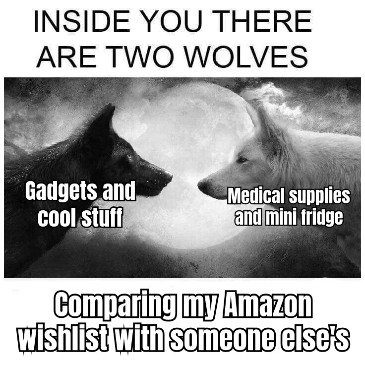 Two Wolves, One Sharps Container — Their wishlist has an air fryer. Yours has 500 alcohol swabs, 29g insulin syringes, and a 1.7 cu ft dorm fridge labeled 'DO NOT OPEN.'