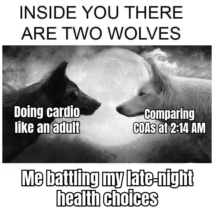 Two Wolves, One Vendor Spreadsheet — The cardio wolf loses every night at 2:14 AM to the wolf with 47 tabs open ranking vendor COAs by purity percentage.